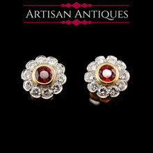 Load image into Gallery viewer, A Pair of Ruby & Diamond 18K Earrings Flower Cluster Design