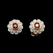 Load image into Gallery viewer, A Pair of Ruby & Diamond 18K Earrings Flower Cluster Design