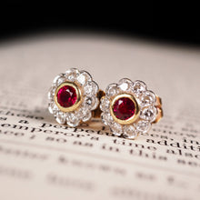 Load image into Gallery viewer, A Pair of Ruby & Diamond 18K Earrings Flower Cluster Design
