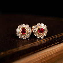 Load image into Gallery viewer, A Pair of Ruby & Diamond 18K Earrings Flower Cluster Design