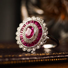 Load image into Gallery viewer, A Stunning Ruby & Diamond 18K White Gold Cluster Target / Flower Ring