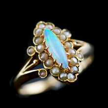 Load image into Gallery viewer, A Beautiful Antique Edwardian Opal Marquise/Navette Ring with Seeded Pearls 9K Gold