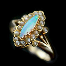 Load image into Gallery viewer, A Beautiful Antique Edwardian Opal Marquise/Navette Ring with Seeded Pearls 9K Gold