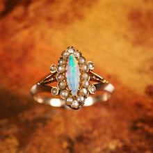 Load image into Gallery viewer, A Beautiful Antique Edwardian Opal Marquise/Navette Ring with Seeded Pearls 9K Gold