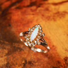Load image into Gallery viewer, A Beautiful Antique Edwardian Opal Marquise/Navette Ring with Seeded Pearls 9K Gold