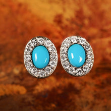 Load image into Gallery viewer, A Pair of 9K White Gold Turquoise and Cluster Diamond Earrings