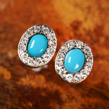 Load image into Gallery viewer, A Pair of 9K White Gold Turquoise and Cluster Diamond Earrings