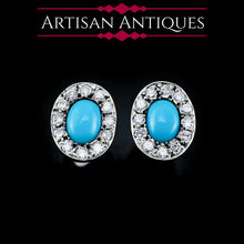 Load image into Gallery viewer, A Pair of 9K White Gold Turquoise and Cluster Diamond Earrings