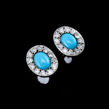 Load image into Gallery viewer, A Pair of 9K White Gold Turquoise and Cluster Diamond Earrings