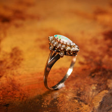 Load image into Gallery viewer, A Beautiful Antique Edwardian Opal Marquise/Navette Ring with Seeded Pearls 9K Gold