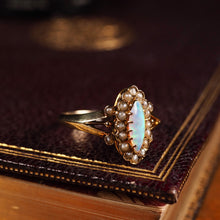 Load image into Gallery viewer, A Beautiful Antique Edwardian Opal Marquise/Navette Ring with Seeded Pearls 9K Gold