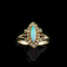 Load image into Gallery viewer, A Beautiful Antique Edwardian Opal Marquise/Navette Ring with Seeded Pearls 9K Gold