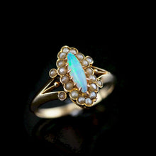 Load image into Gallery viewer, A Beautiful Antique Edwardian Opal Marquise/Navette Ring with Seeded Pearls 9K Gold