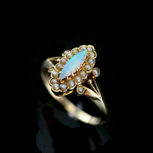 Load image into Gallery viewer, A Beautiful Antique Edwardian Opal Marquise/Navette Ring with Seeded Pearls 9K Gold