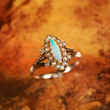 Load image into Gallery viewer, A Beautiful Antique Edwardian Opal Marquise/Navette Ring with Seeded Pearls 9K Gold