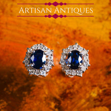 Load image into Gallery viewer, A Pair of Sapphire & Cluster Diamond Earrings 9K White Gold