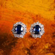 Load image into Gallery viewer, A Pair of Sapphire & Cluster Diamond Earrings 9K White Gold