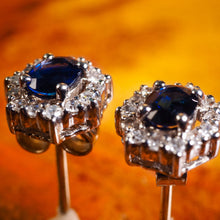 Load image into Gallery viewer, A Pair of Sapphire & Cluster Diamond Earrings 9K White Gold