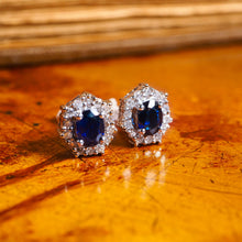 Load image into Gallery viewer, A Pair of Sapphire & Cluster Diamond Earrings 9K White Gold