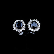 Load image into Gallery viewer, A Pair of Sapphire & Cluster Diamond Earrings 9K White Gold