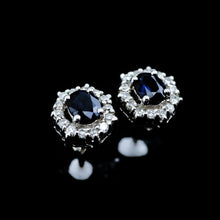 Load image into Gallery viewer, A Pair of Sapphire & Cluster Diamond Earrings 9K White Gold