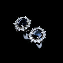 Load image into Gallery viewer, A Pair of Sapphire & Cluster Diamond Earrings 9K White Gold