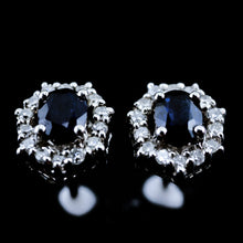 Load image into Gallery viewer, A Pair of Sapphire & Cluster Diamond Earrings 9K White Gold