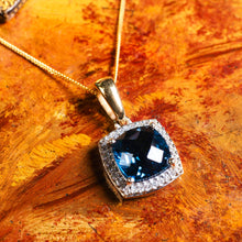 Load image into Gallery viewer, A Stunning Blue Topaz & Diamond Halo Square Necklace 9K Gold
