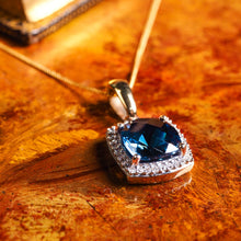 Load image into Gallery viewer, A Stunning Blue Topaz & Diamond Halo Square Necklace 9K Gold
