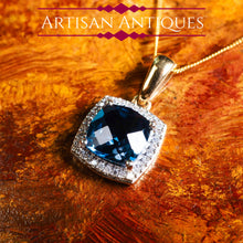 Load image into Gallery viewer, A Stunning Blue Topaz & Diamond Halo Square Necklace 9K Gold