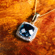 Load image into Gallery viewer, A Stunning Blue Topaz & Diamond Halo Square Necklace 9K Gold