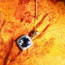Load image into Gallery viewer, A Stunning Blue Topaz & Diamond Halo Square Necklace 9K Gold