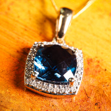 Load image into Gallery viewer, A Stunning Blue Topaz & Diamond Halo Square Necklace 9K Gold
