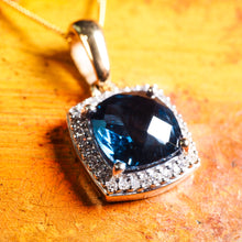 Load image into Gallery viewer, A Stunning Blue Topaz & Diamond Halo Square Necklace 9K Gold