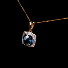 Load image into Gallery viewer, A Stunning Blue Topaz & Diamond Halo Square Necklace 9K Gold
