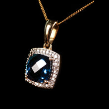 Load image into Gallery viewer, A Stunning Blue Topaz & Diamond Halo Square Necklace 9K Gold