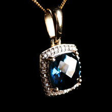 Load image into Gallery viewer, A Stunning Blue Topaz & Diamond Halo Square Necklace 9K Gold