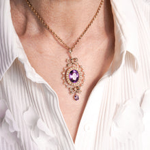 Load image into Gallery viewer, Antique Edwardian Amethyst & Seed Pearl 9K Gold Necklace Pendant - c.1905