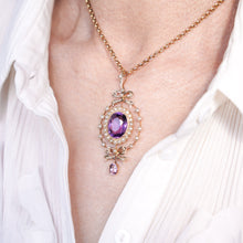 Load image into Gallery viewer, Antique Edwardian Amethyst & Seed Pearl 9K Gold Necklace Pendant - c.1905