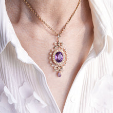 Load image into Gallery viewer, Antique Edwardian Amethyst & Seed Pearl 9K Gold Necklace Pendant - c.1905