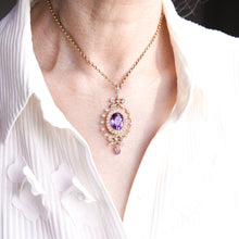 Load image into Gallery viewer, Antique Edwardian Amethyst & Seed Pearl 9K Gold Necklace Pendant - c.1905