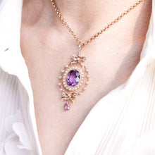 Load image into Gallery viewer, Antique Edwardian Amethyst & Seed Pearl 9K Gold Necklace Pendant - c.1905