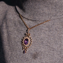 Load image into Gallery viewer, Antique Edwardian Amethyst & Seed Pearl 9K Gold Necklace Pendant - c.1905