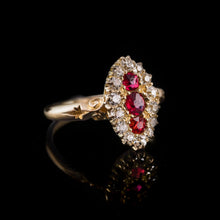 Load image into Gallery viewer, Antique Victorian 18K Gold Ruby & Diamond Navette Cluster Ring - c.1880