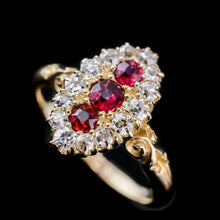 Load image into Gallery viewer, Antique Victorian 18K Gold Ruby & Diamond Navette Cluster Ring - c.1880