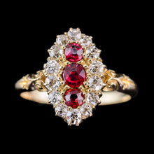 Load image into Gallery viewer, Antique Victorian 18K Gold Ruby & Diamond Navette Cluster Ring - c.1880