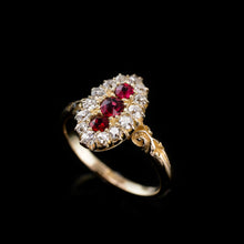 Load image into Gallery viewer, Antique Victorian 18K Gold Ruby & Diamond Navette Cluster Ring - c.1880