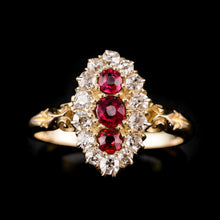 Load image into Gallery viewer, Antique Victorian 18K Gold Ruby & Diamond Navette Cluster Ring - c.1880
