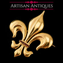 Load image into Gallery viewer, Antique Victorian Large 18K Gold & Ruby Fleur De Lis Brooch - c.1900