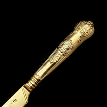 Load image into Gallery viewer, Antique Victorian Solid Silver Gilt Fruit/Dessert Knives & Forks Set of Six in Queens Pattern - Aaron Hadfield 1839 - Artisan Antiques
